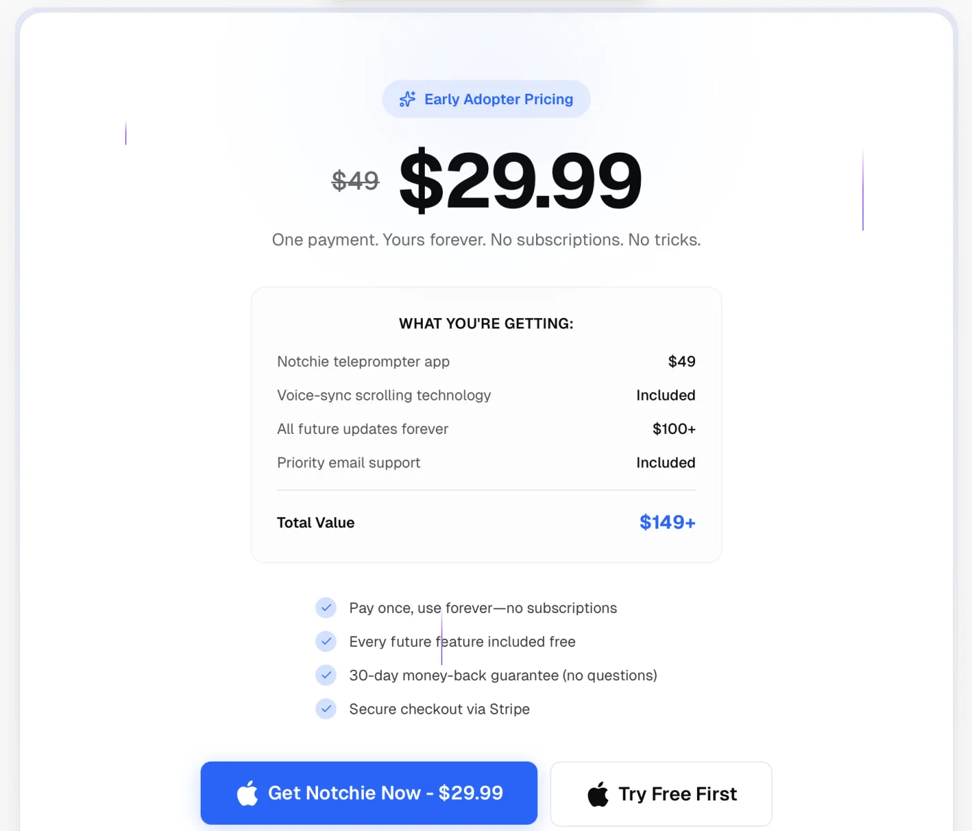 Notchie pricing in July 2026 — $29.99 one-time (early-adopter, down from $49), one payment, no subscription, Mac app