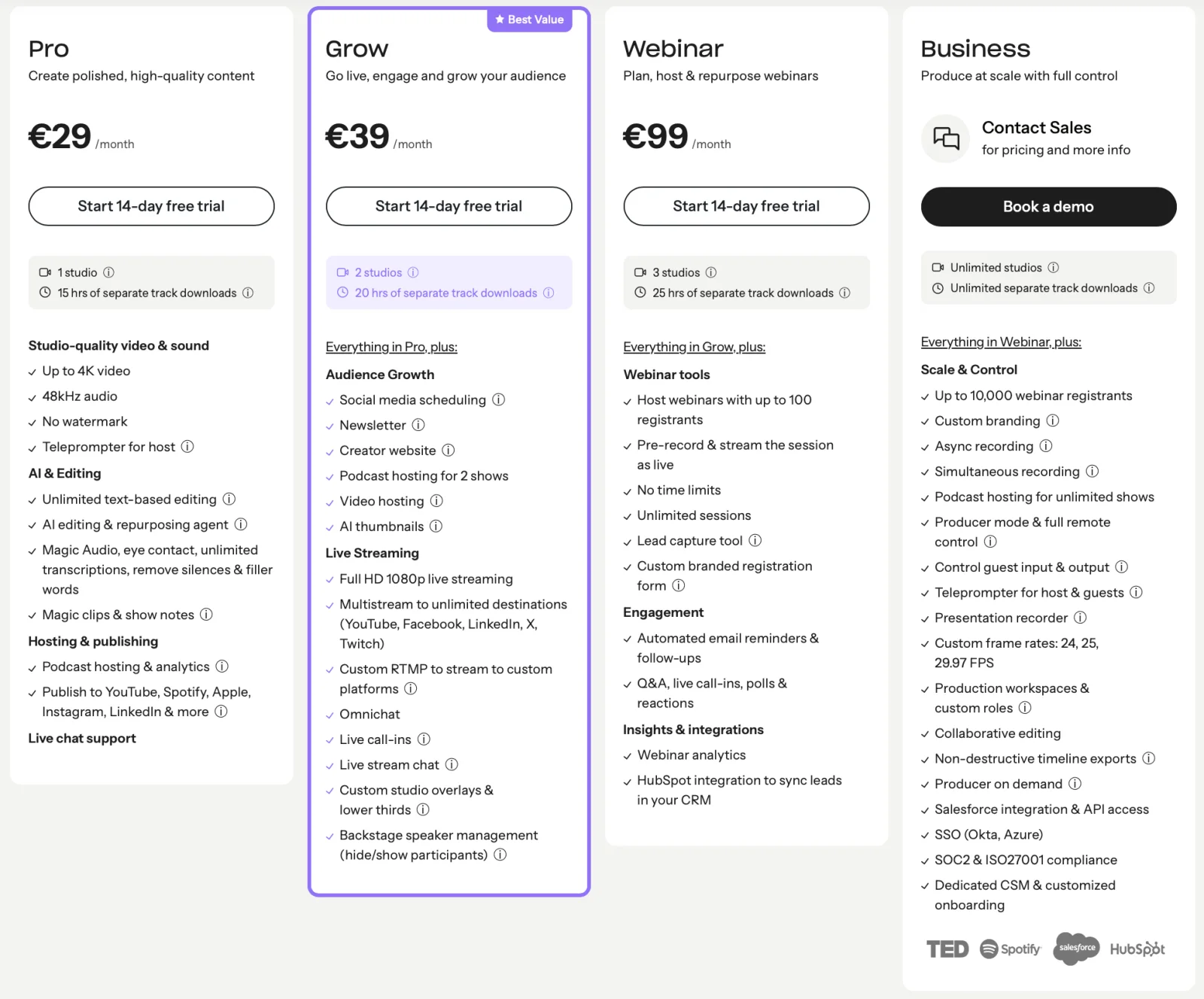 Riverside pricing in July 2026 — Pro €29/month lists 'Teleprompter for host'; Business lists 'Teleprompter for host & guests'