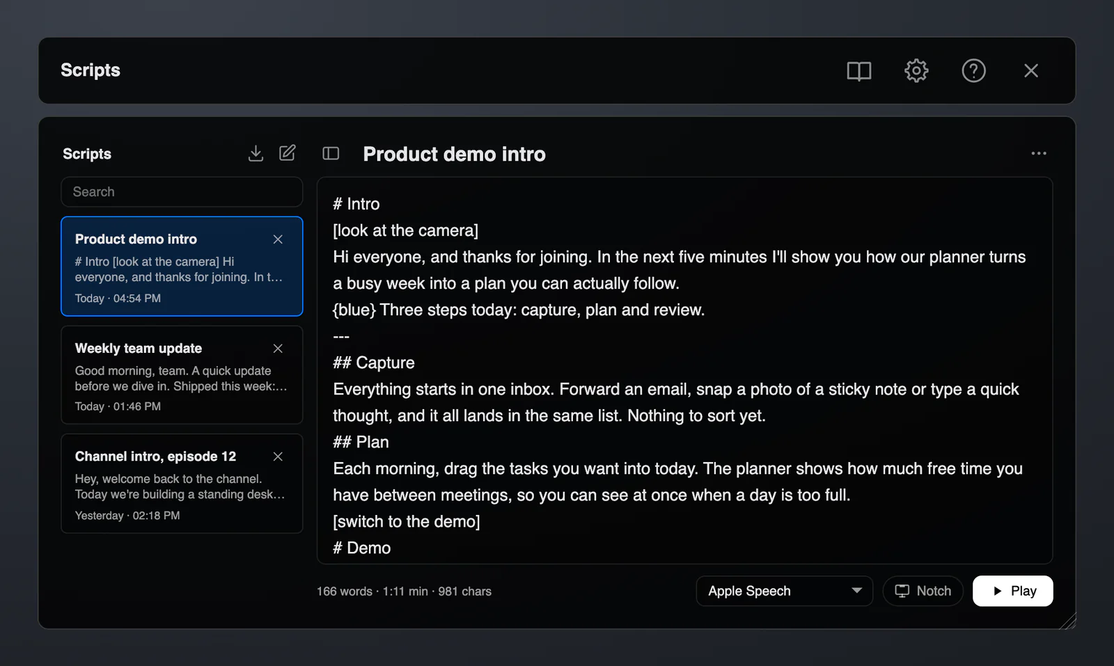 ShareSpeak 0.4.2 Scripts Library in the AI teleprompter for Mac: saved scripts with search, Import and New buttons, a product demo script with # headings and [cues], a live word count and speaking-time estimate, Apple Speech and the Play button