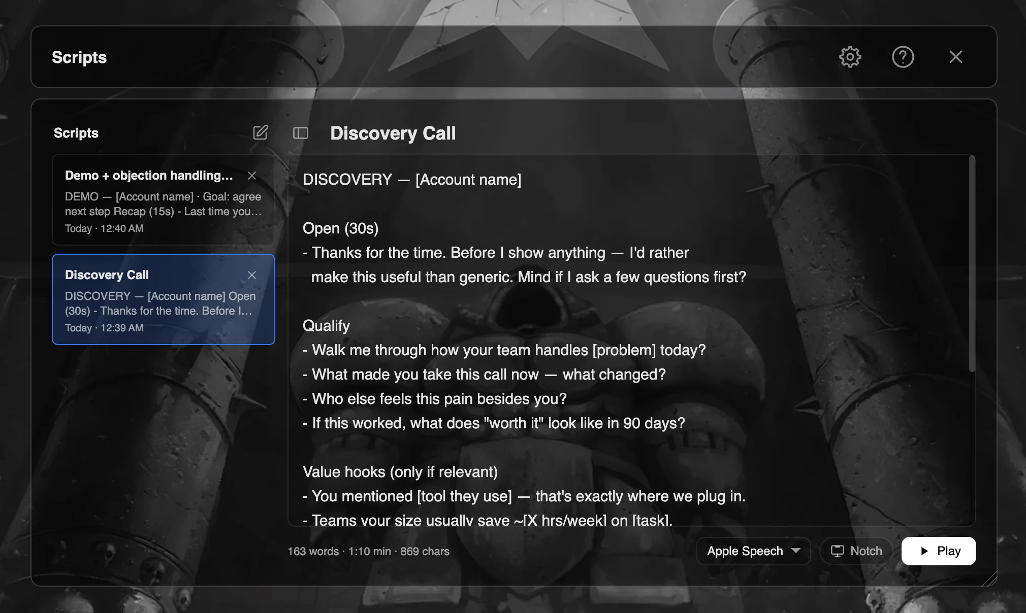ShareSpeak script editor with a discovery call script loaded and Apple Speech (on-device) selected for offline voice recognition