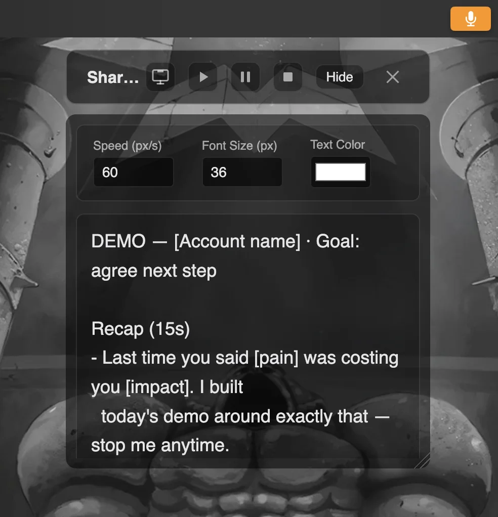 ShareSpeak's floating overlay during a screen share with speed, font size, and text color controls while voice tracking is active
