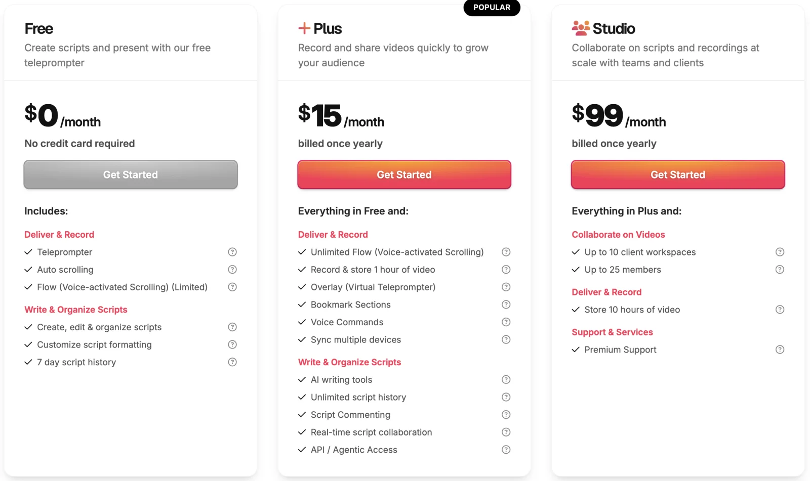 SpeakFlow pricing in July 2026 — Free $0, Plus $15/month billed yearly ($180/year), Studio $99/month billed yearly