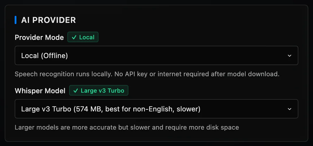 ShareSpeak 0.4.2 Customize, AI Provider: Provider Mode set to Local (Offline) and Whisper Model set to Large v3 Turbo (574 MB, best for non-English, slower)
